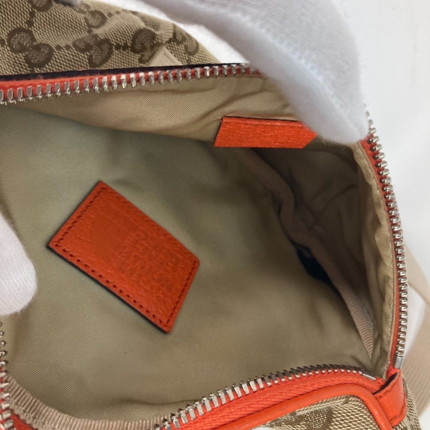 Gucci Beige Orange Leather Canvas Sling Bag
