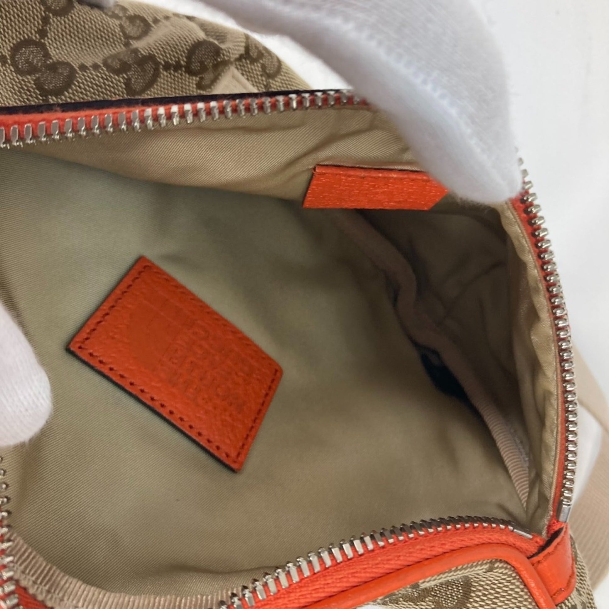 Gucci Beige Orange Leather Canvas Sling Bag