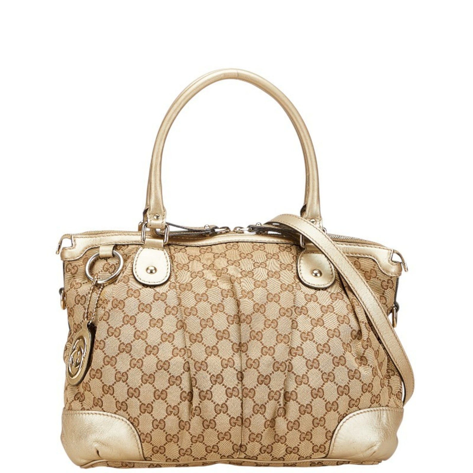 Gucci Gg Canvas Beige Champagne Gold Gg Canvas Leather Handbag Shoulder Bag