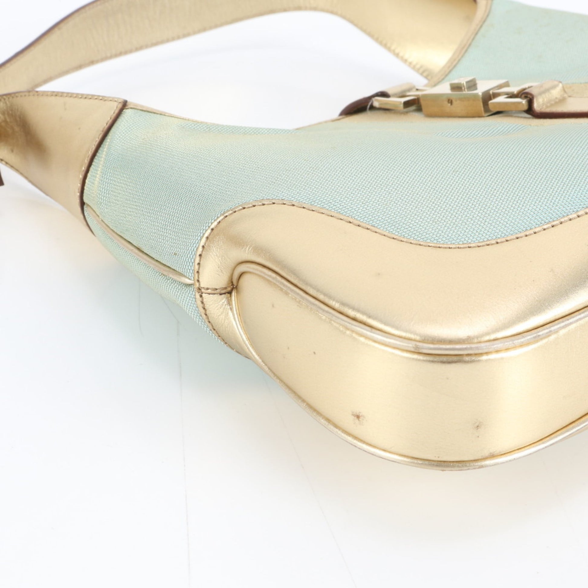 Gucci Blue Gold Leather Canvas Shoulder Bag