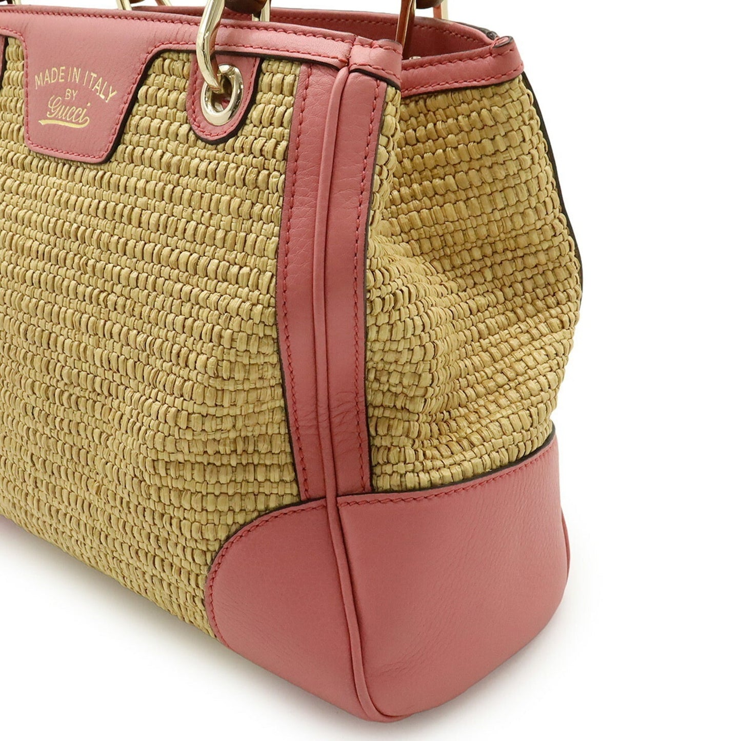 Gucci Pink Straw Leather Bamboo Handbag Shoulder Bag