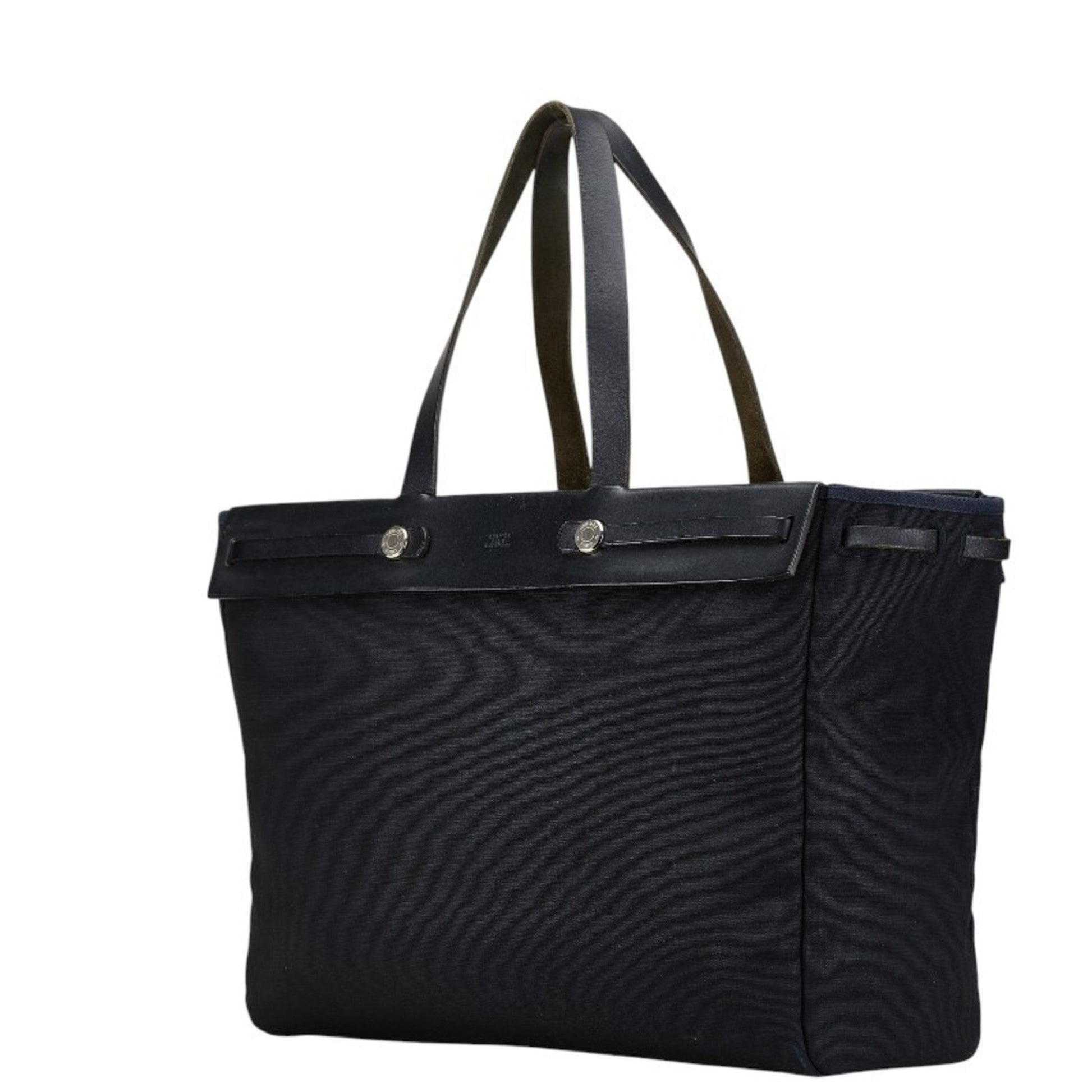 Hermes Toile Officier Handbag Tote Bag Leather Navy