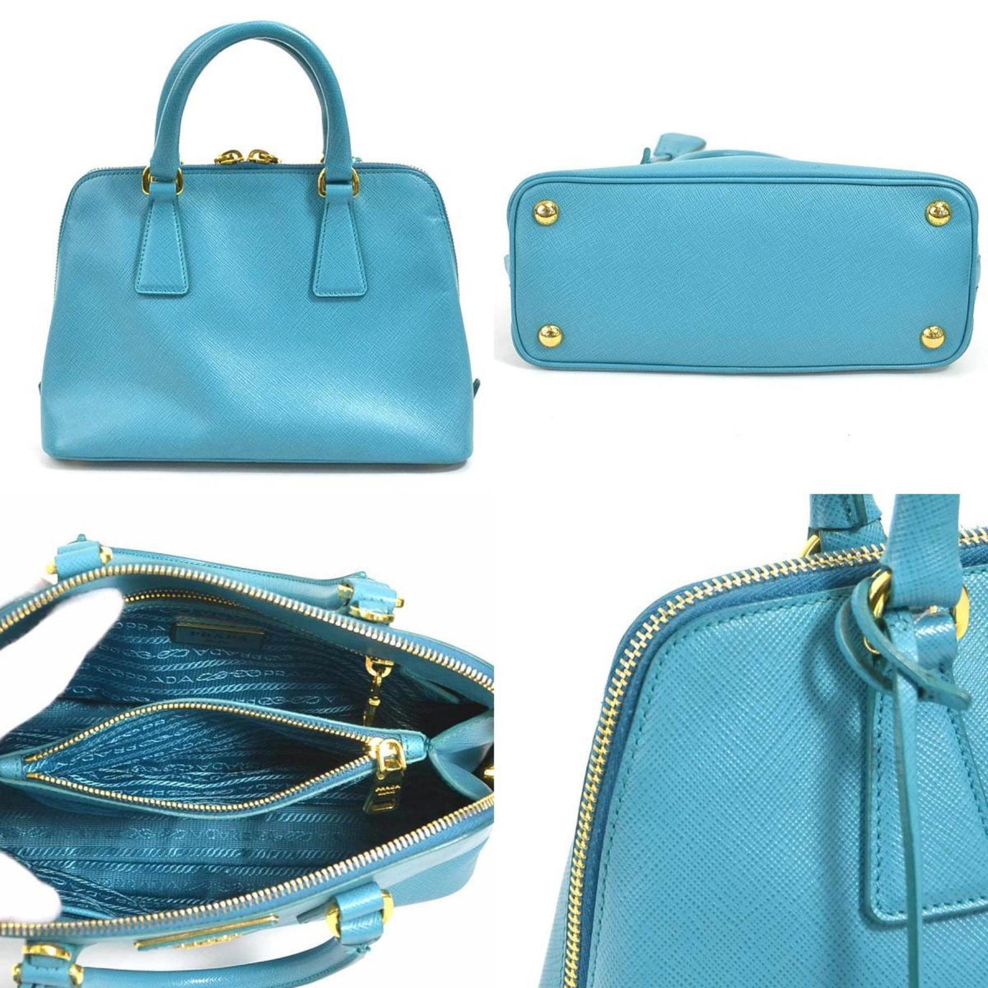 Prada Handbag Ladies Leather Blue Gold Travel Bag