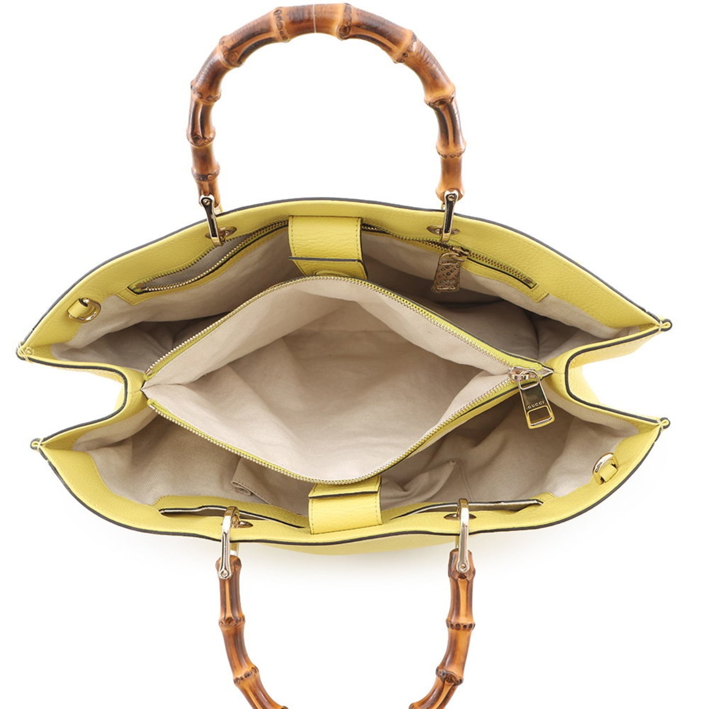 Gucci Beige Champagne Gold Yellow Bamboo Leather Tote Bag