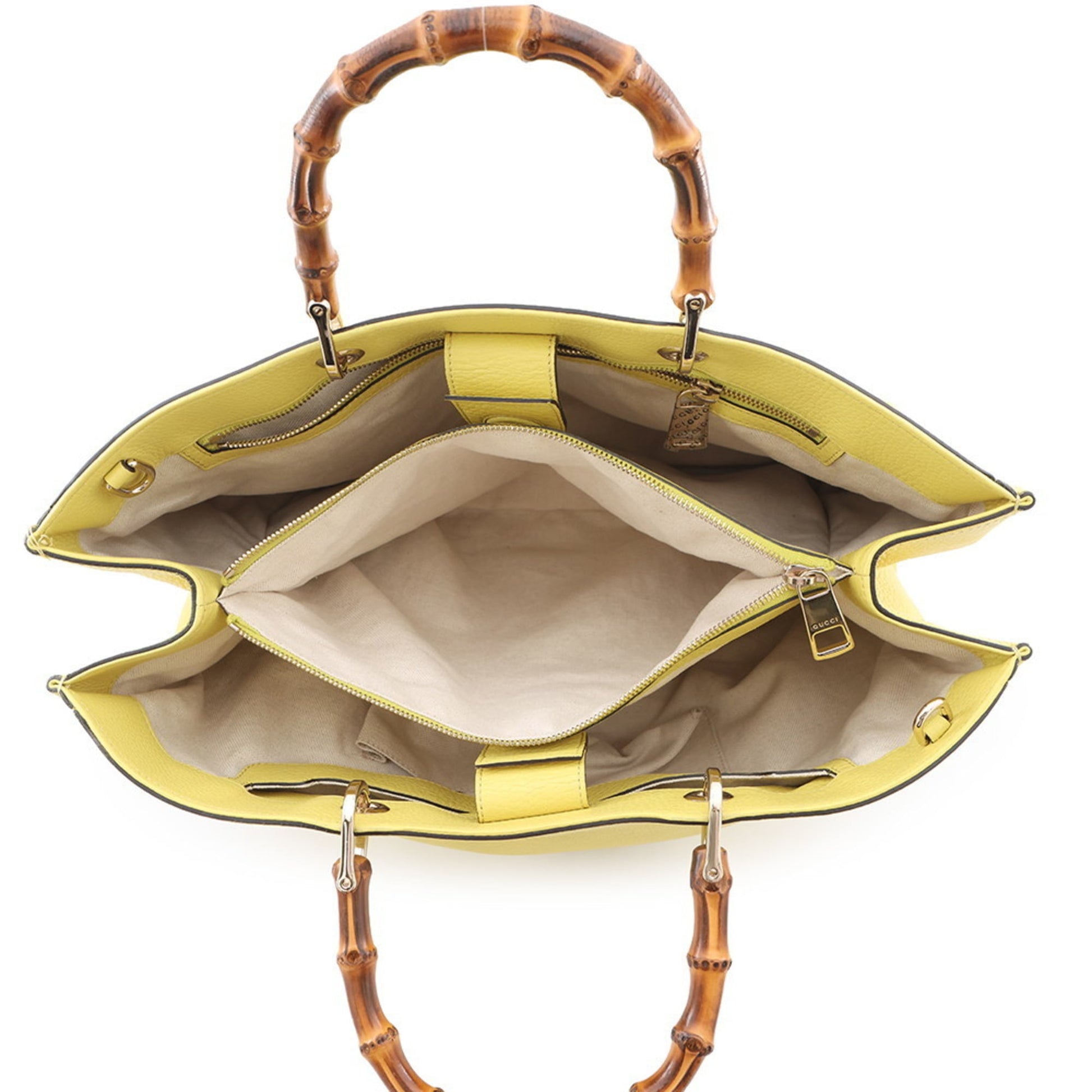 Gucci Beige Champagne Gold Yellow Bamboo Leather Tote Bag