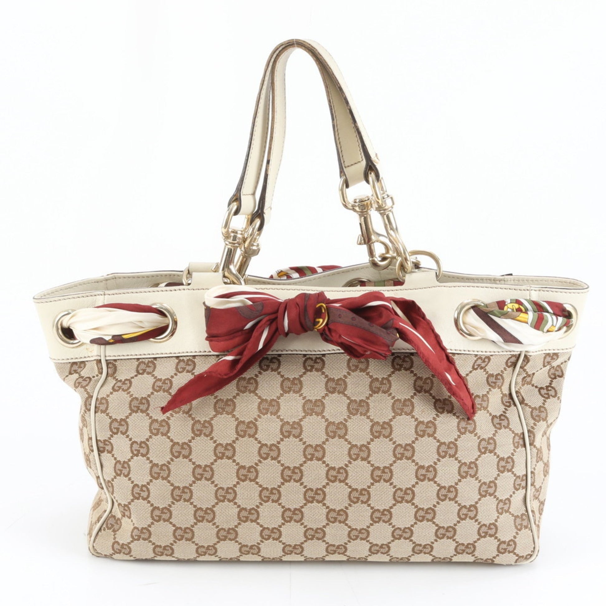 Gucci Brown White Leather Canvas Tote Bag