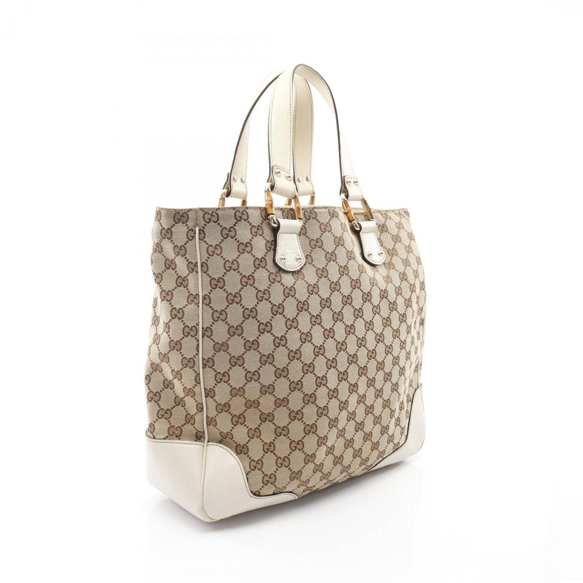 Gucci Beige White Canvas Leather Tote Bag
