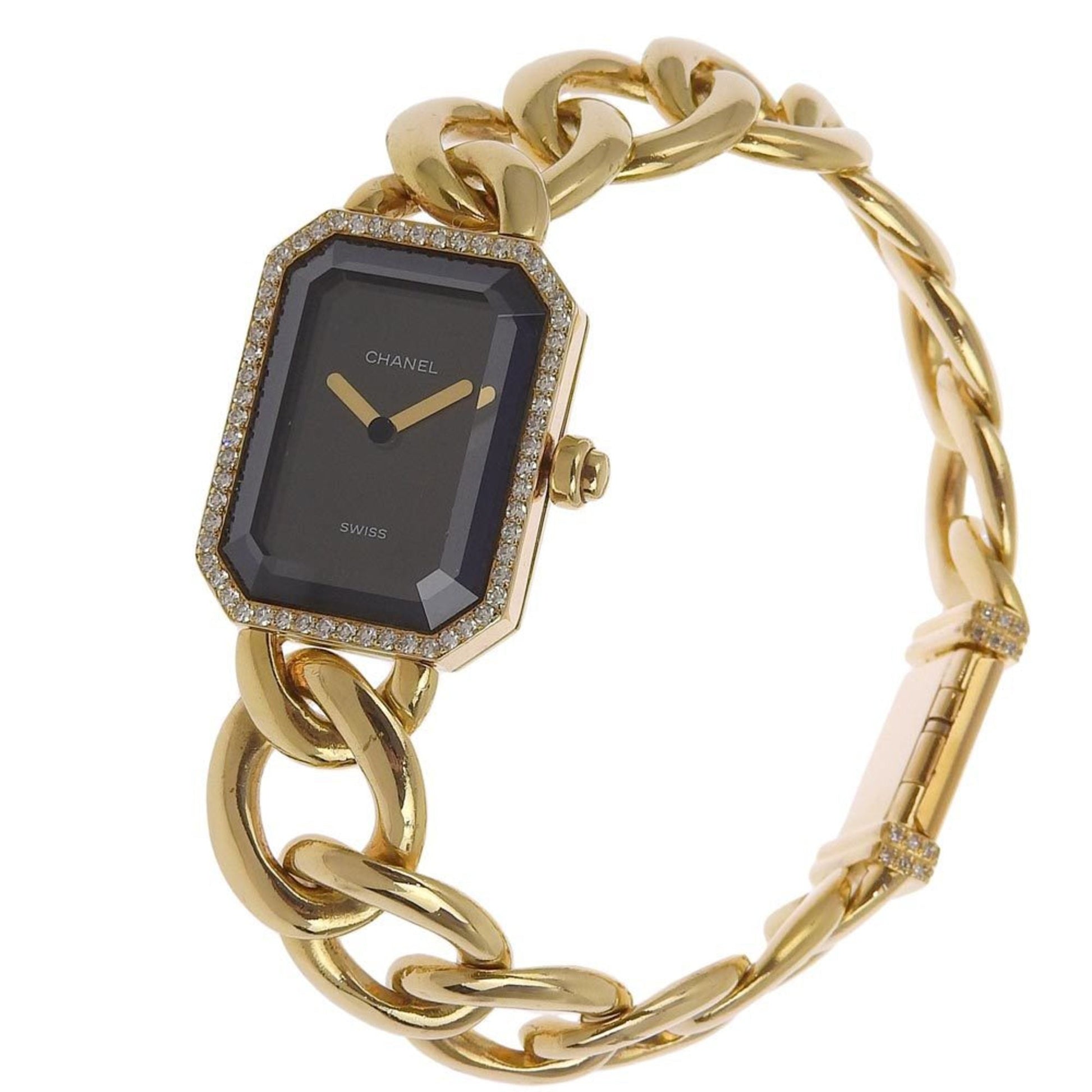 Chanel Premiere Xl Watch Diamond Bezel H0113 K18 Yellow Gold X Quartz Analog Display Ladies Black Dial Bag