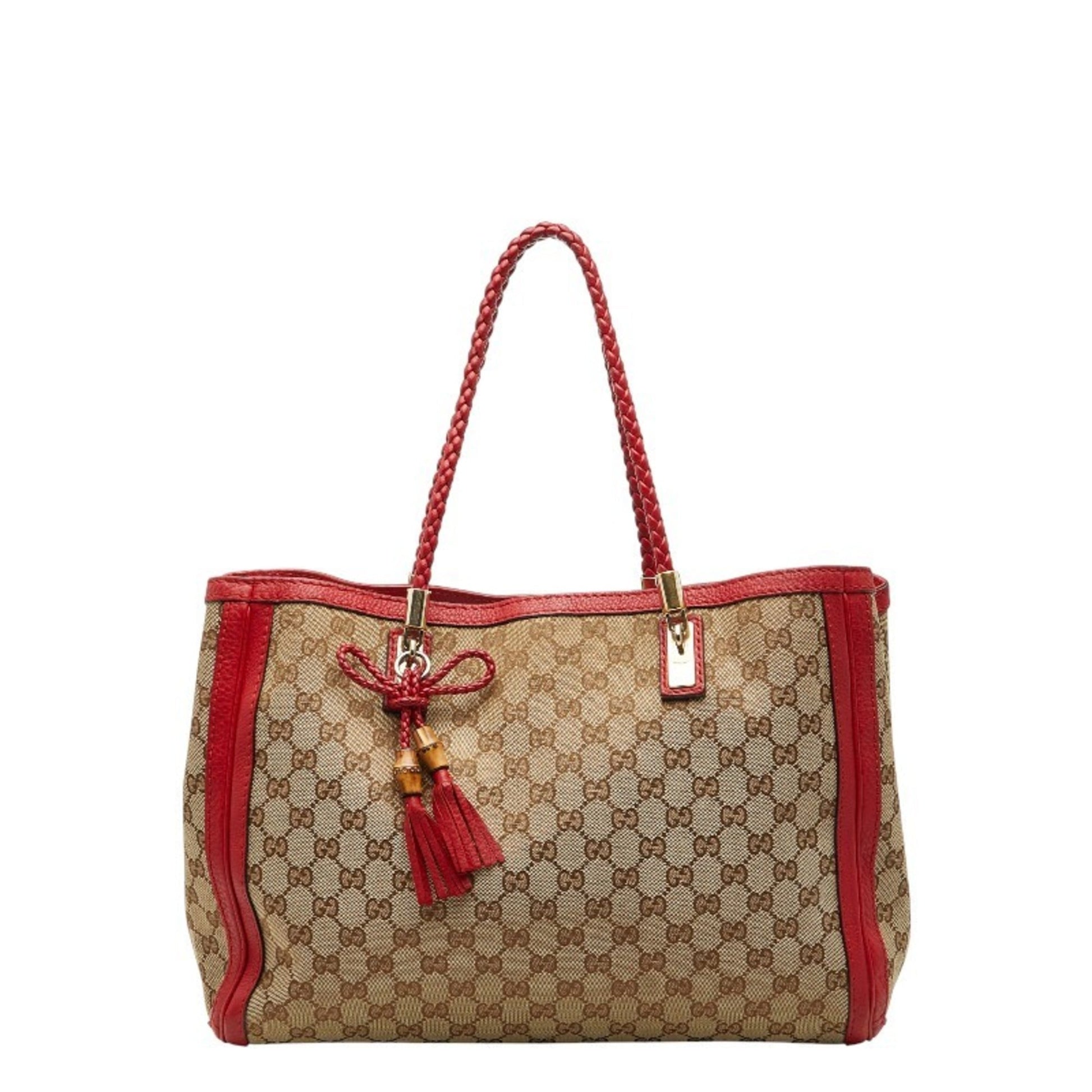 Gucci Beige Red Color Canvas Leather Tote Bag