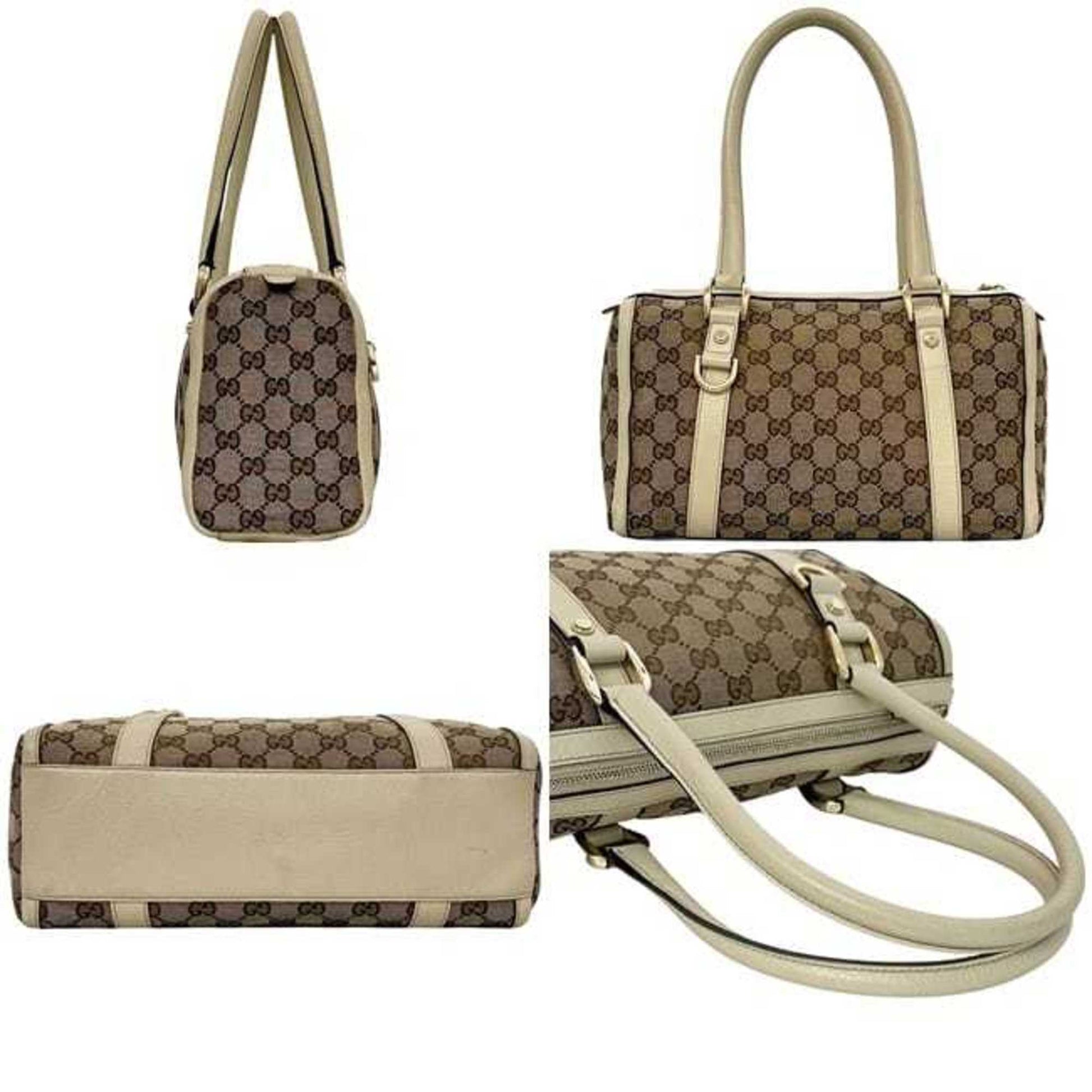 Gucci Beige White Canvas Leather Boston Bag Handbag