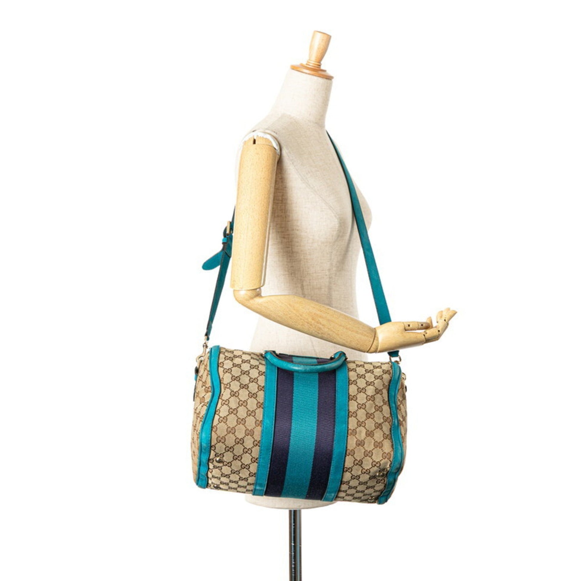 Gucci Beige Blue Gg Canvas Leather Handbag Shoulder Bag