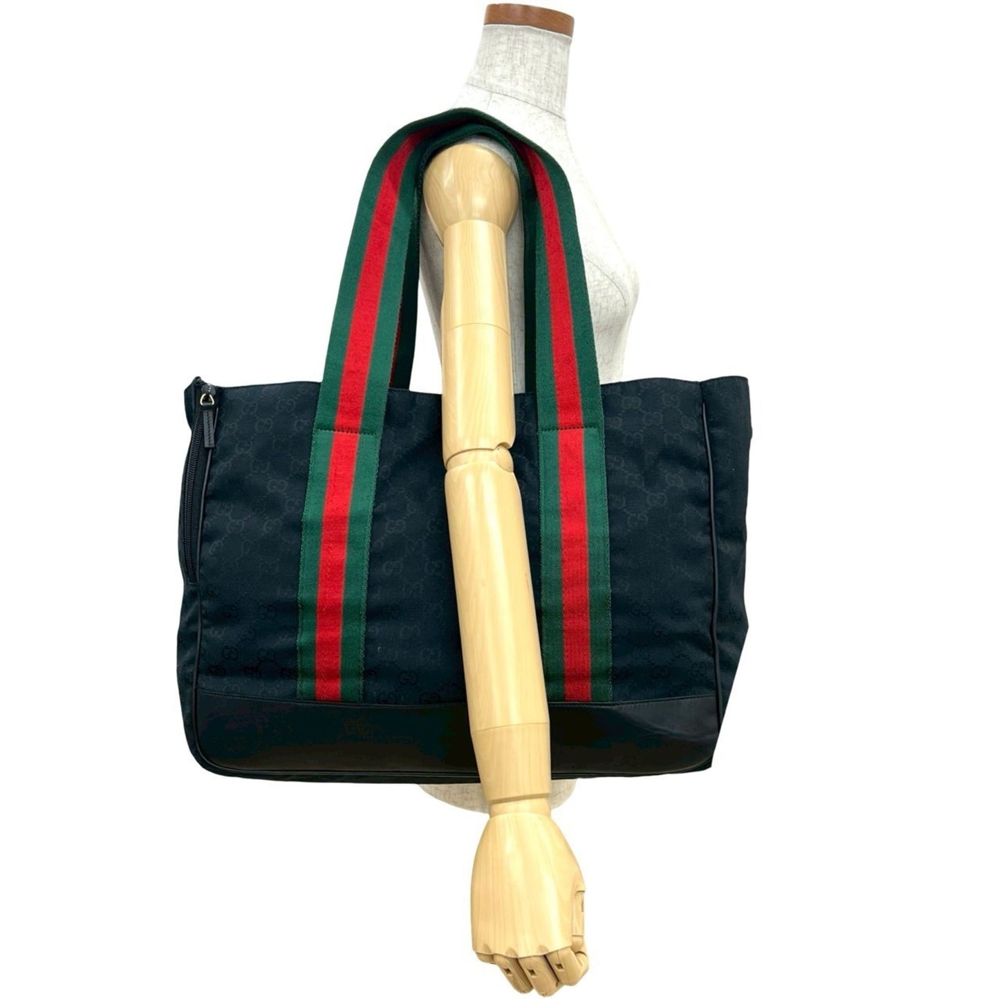 Gucci Black Green Red Color Canvas Leather Handbag Tote Bag