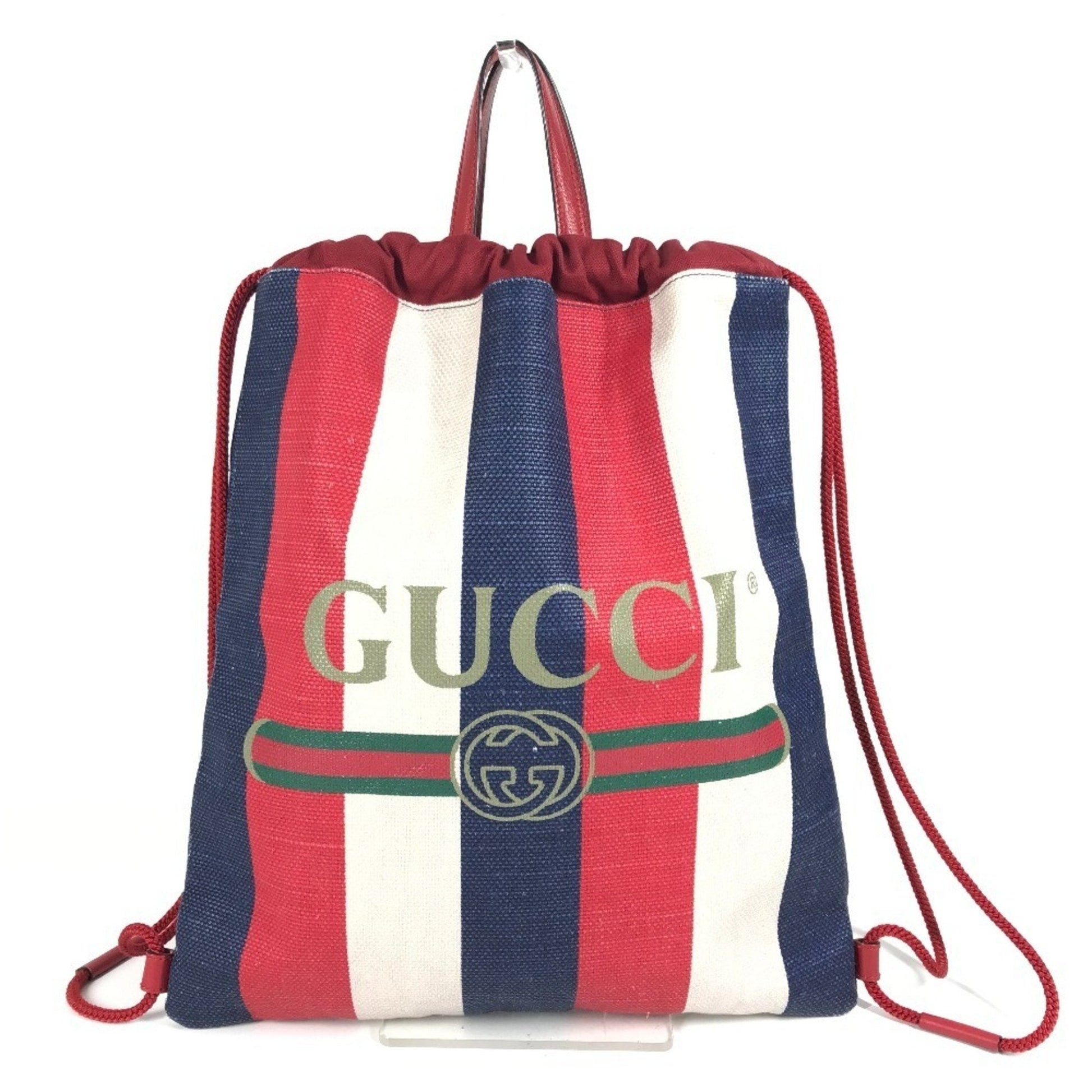 Gucci Navy Red Color White Leather Canvas Backpack Handbag Tote Bag