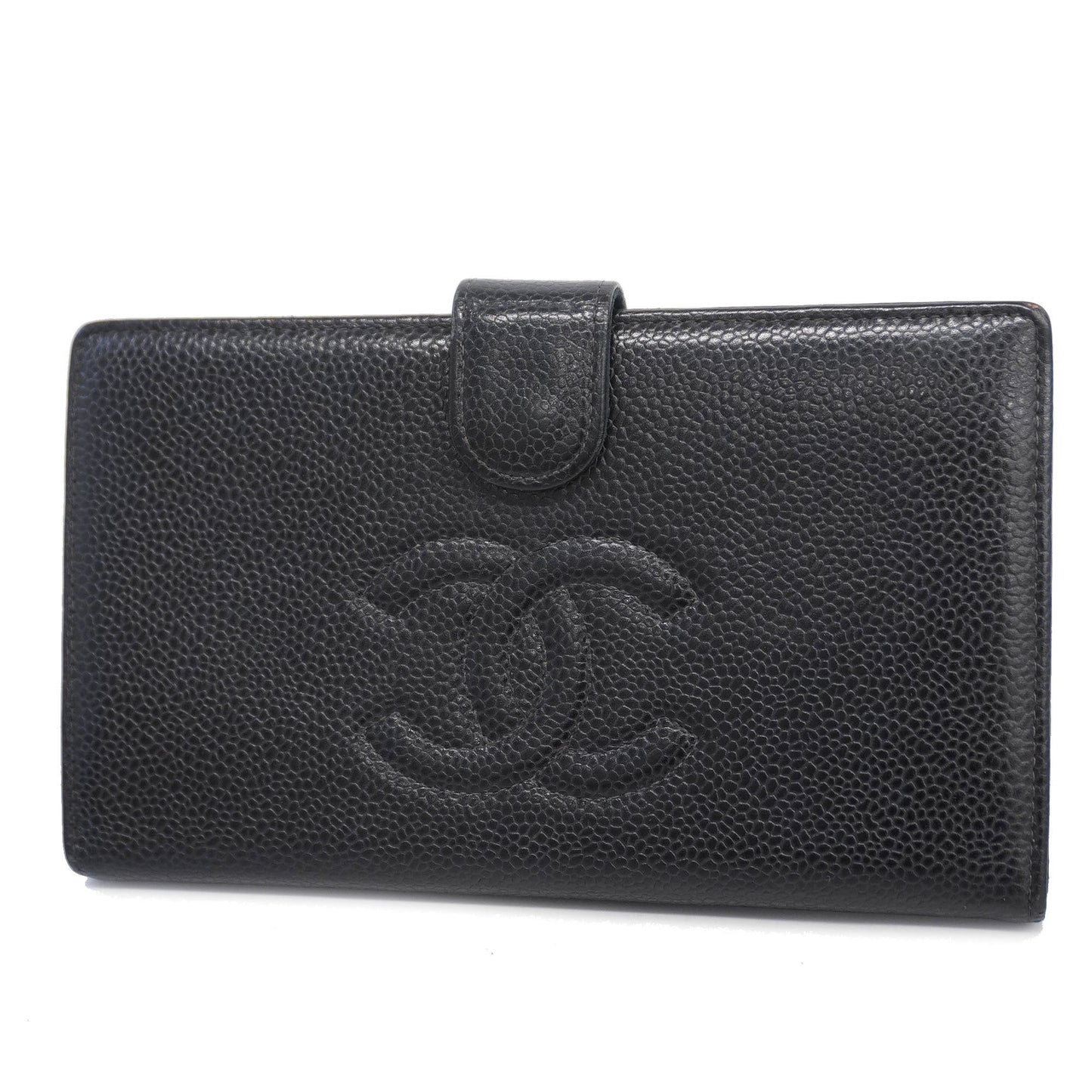 ChanelAuth  Gold Hardware Women's Caviar Leather Long Wallet Black