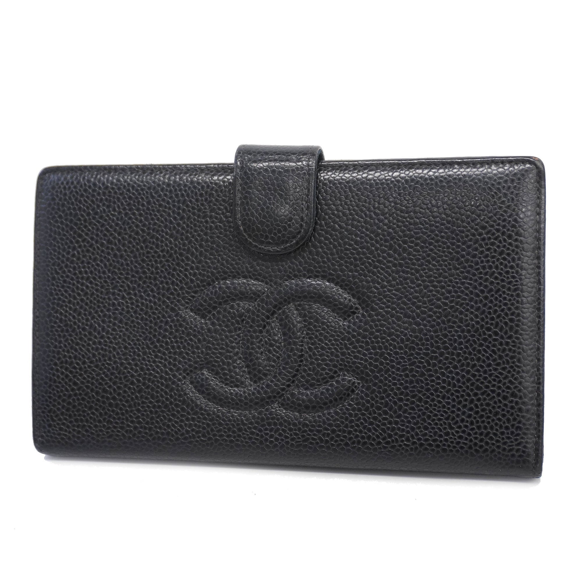 ChanelAuth  Gold Hardware Women's Caviar Leather Long Wallet Black