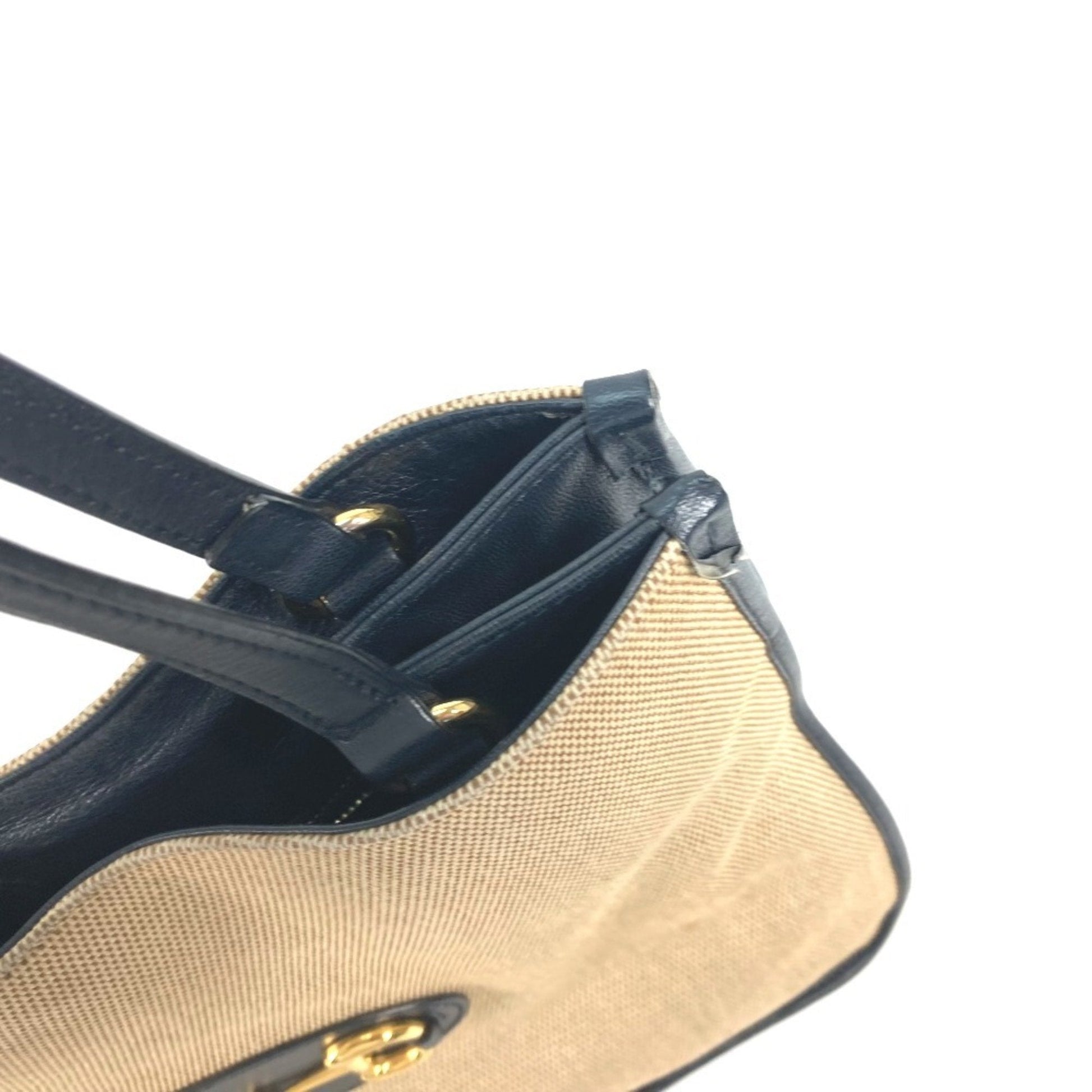 Gucci Beige Navy Canvas Leather Shoulder Bag Tote Bag