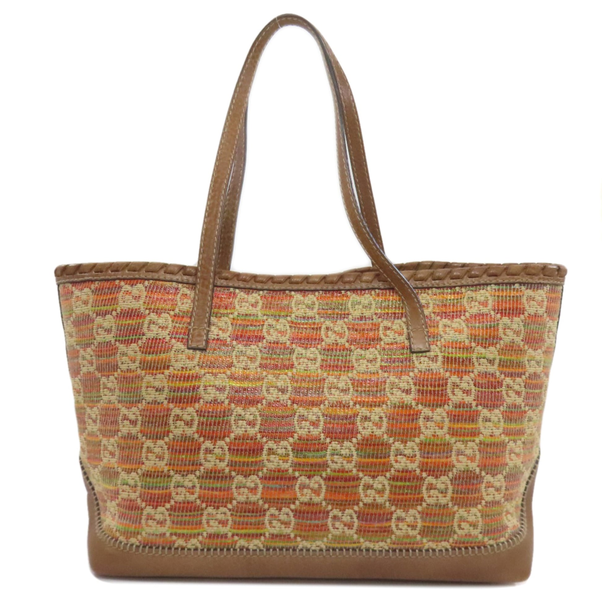 Gucci Blue Brown Orange Leather Straw Tote Bag