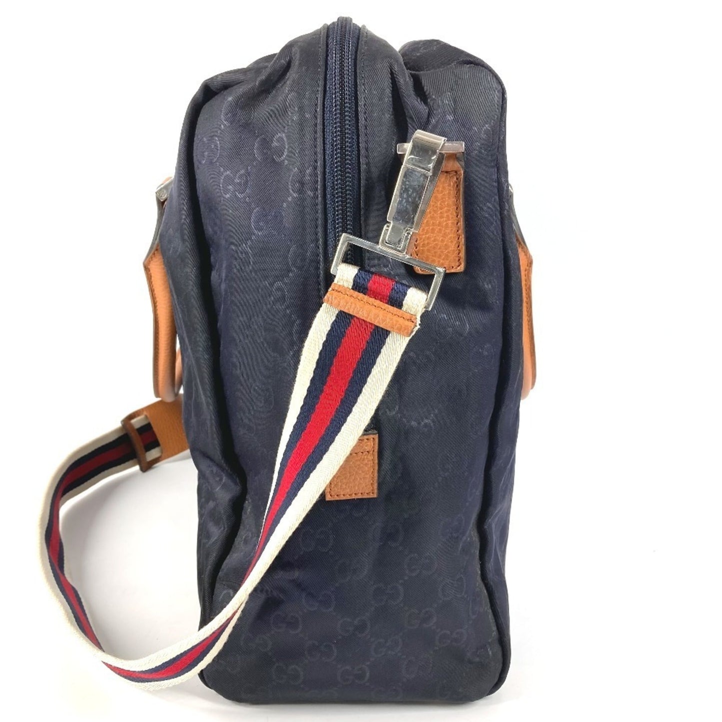 Gucci Brown Navy Nylon Leather Boston Bag