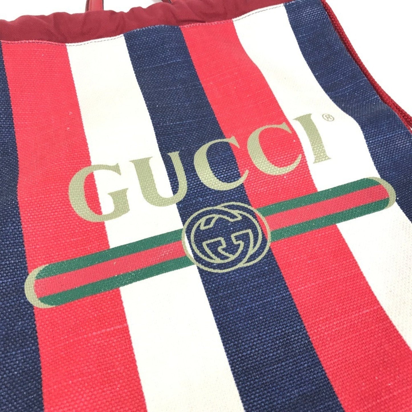Gucci Navy Red Color White Leather Canvas Backpack Handbag Tote Bag