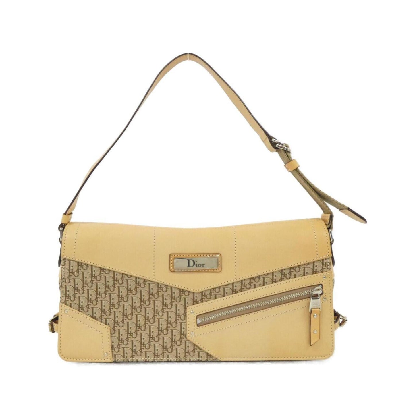 Dior Handbag Christian Shoulder Bag Leather Canvas Beige