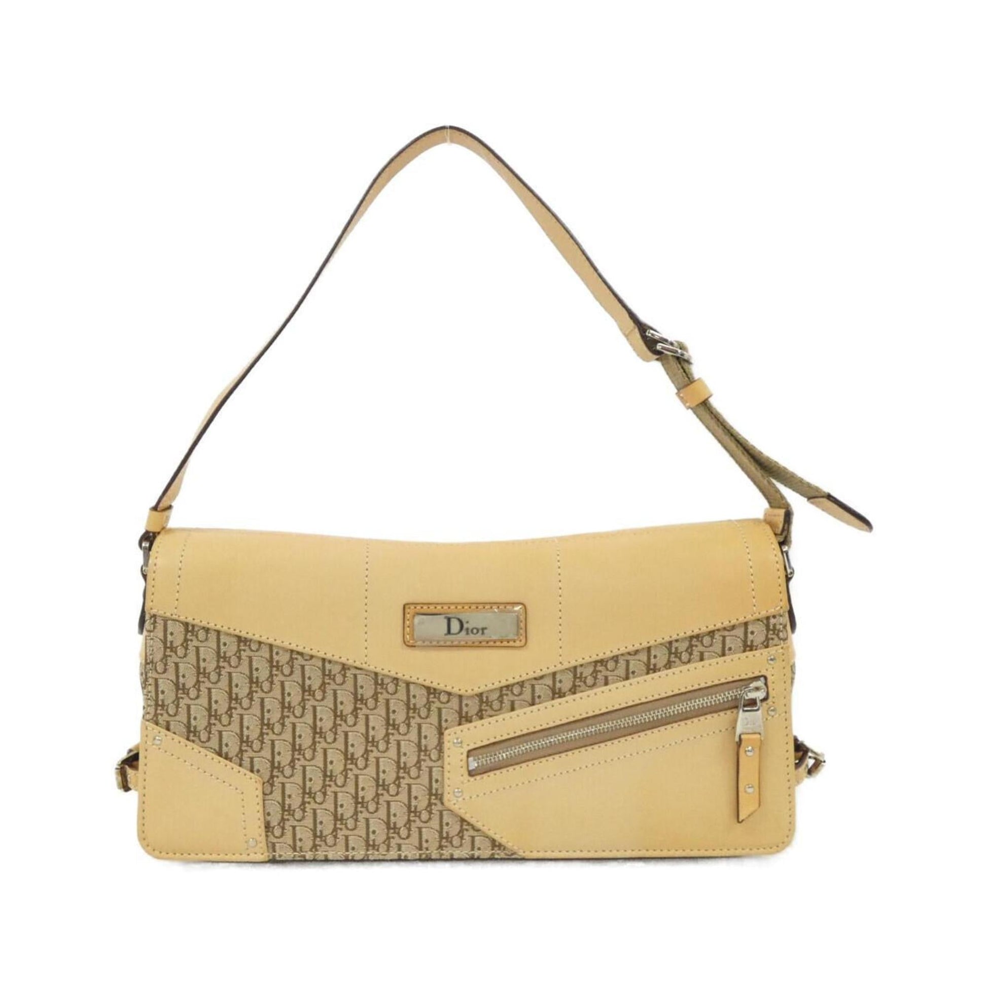 Dior Handbag Christian Shoulder Bag Leather Canvas Beige
