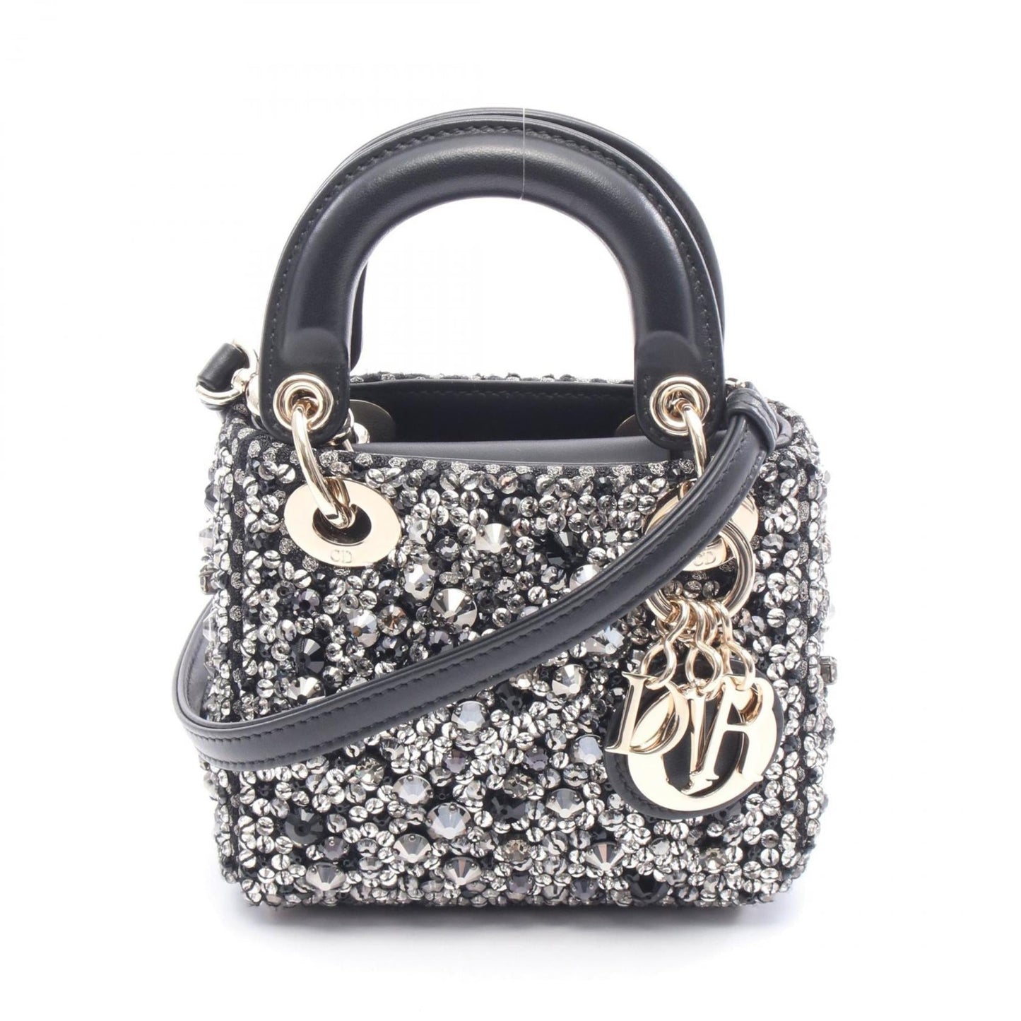 Dior Handbag Christian Lady Clear Rhinestone Leather Black Silver