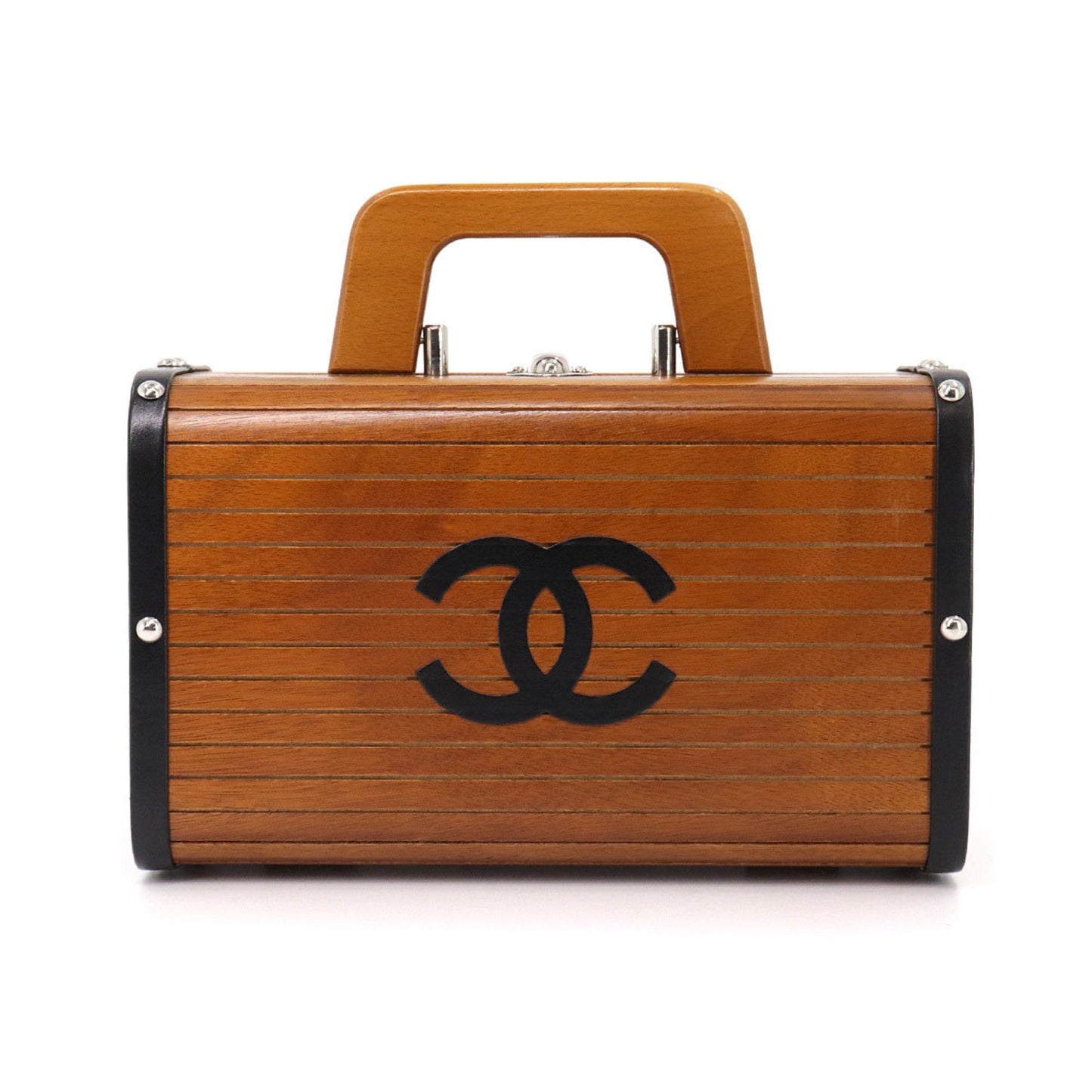 Chanel wood vanity hand bag leather brown black silver metal fittings   Wood Vanity