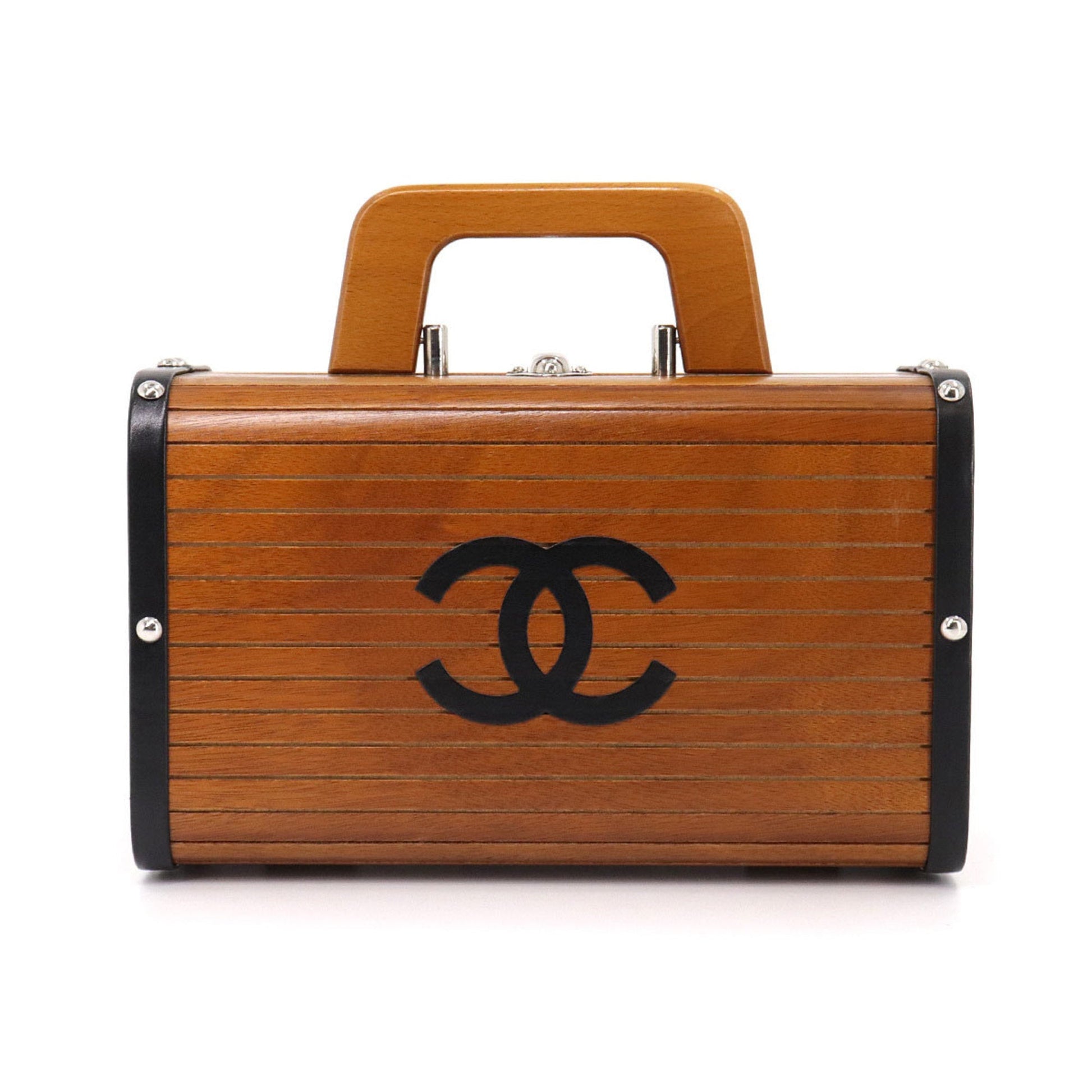Chanel wood vanity hand bag leather brown black silver metal fittings   Wood Vanity