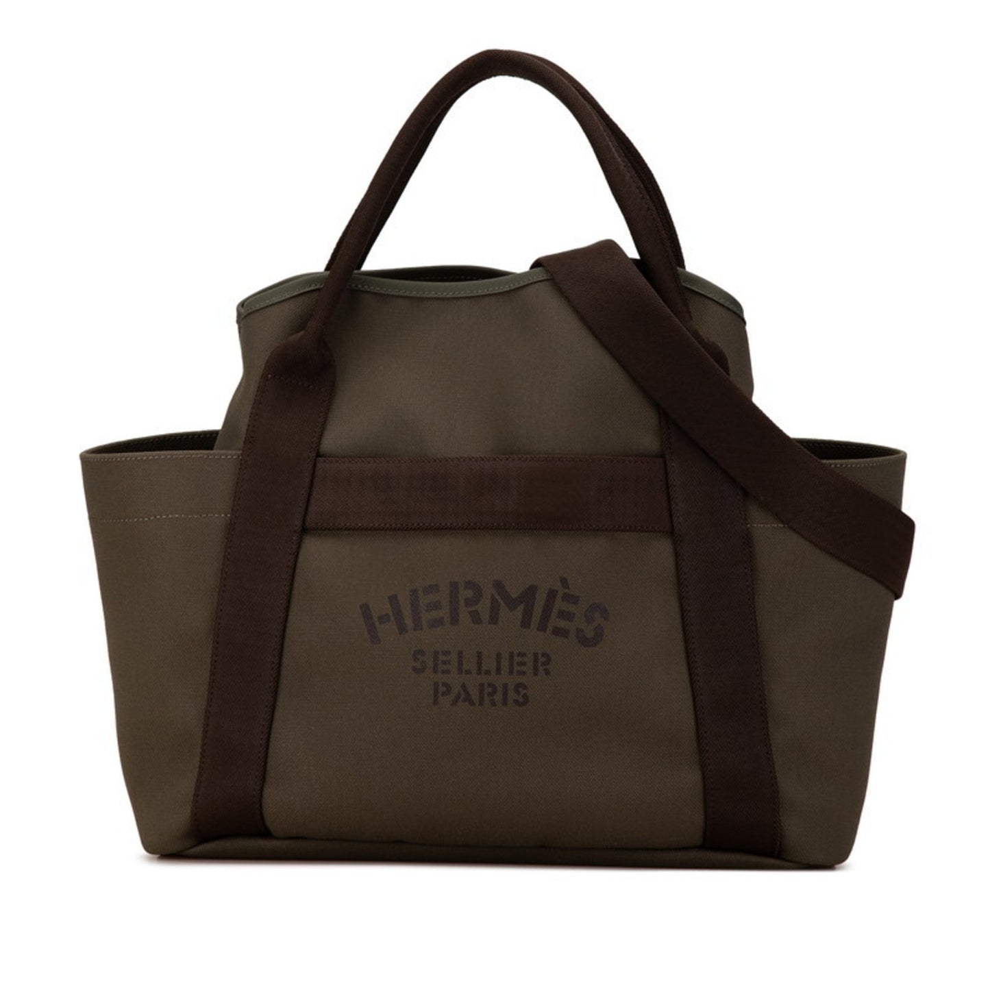 Hermes Khaki Shoulder Bag Tote Bag Leather Canvas