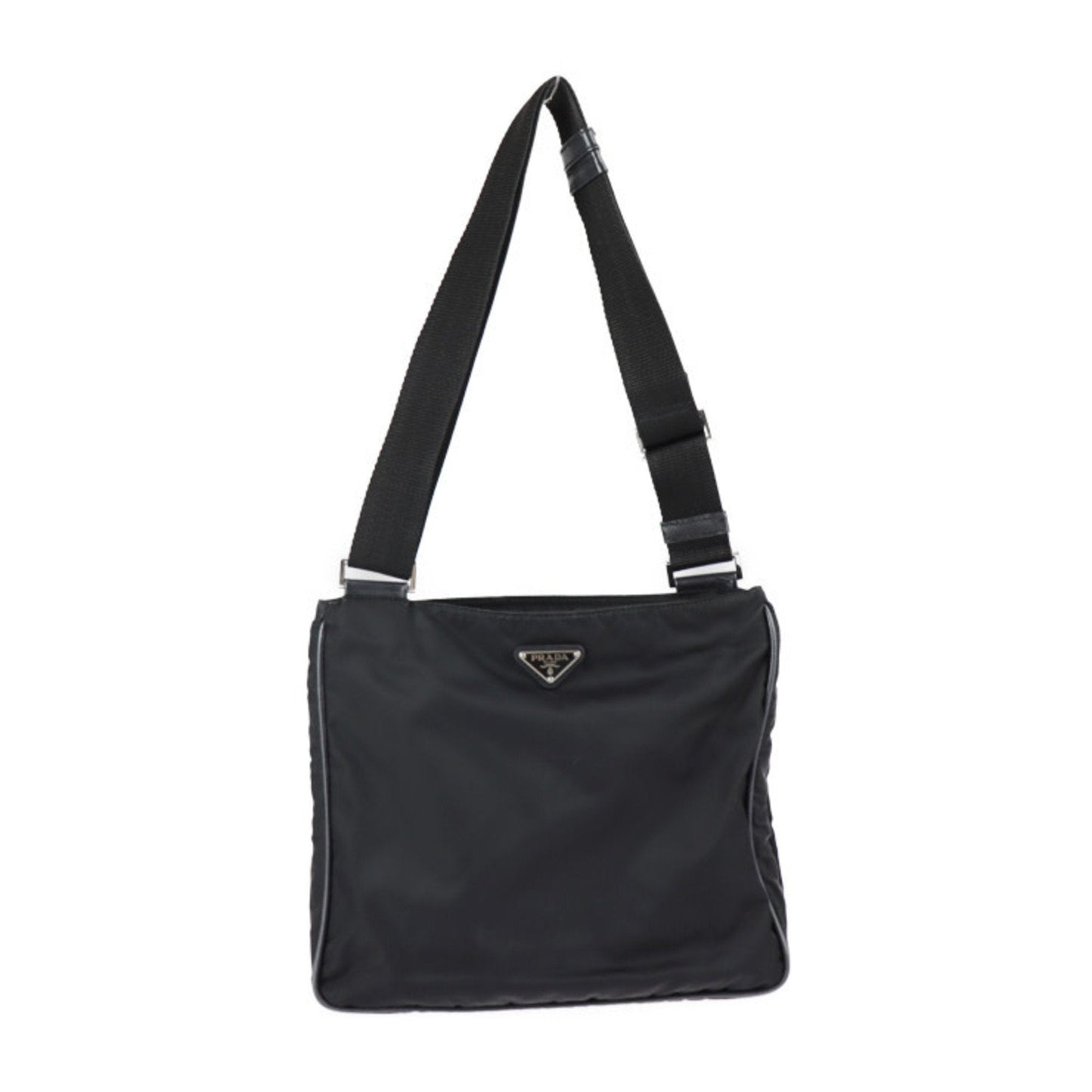 Prada Shoulder Bag Hardware Messenger Triangle Plate Leather Nylon Black