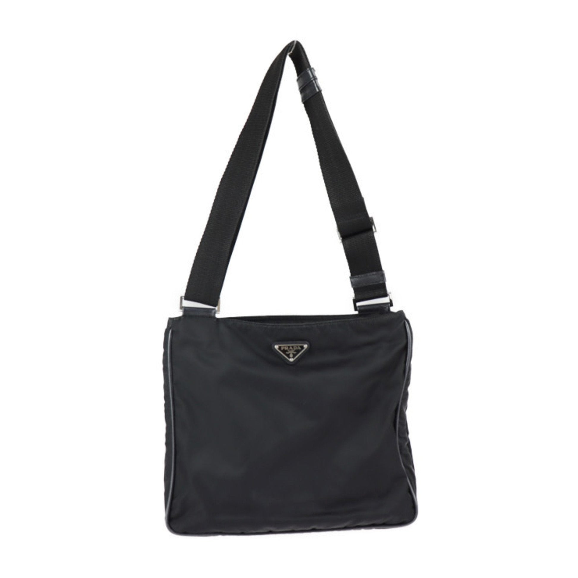 Prada Shoulder Bag Hardware Messenger Triangle Plate Leather Nylon Black