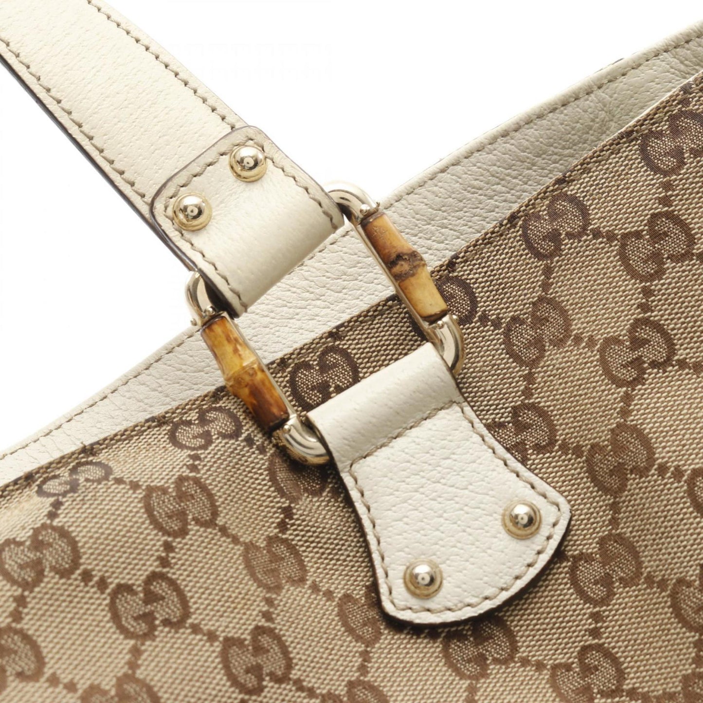 Gucci Beige White Canvas Leather Tote Bag