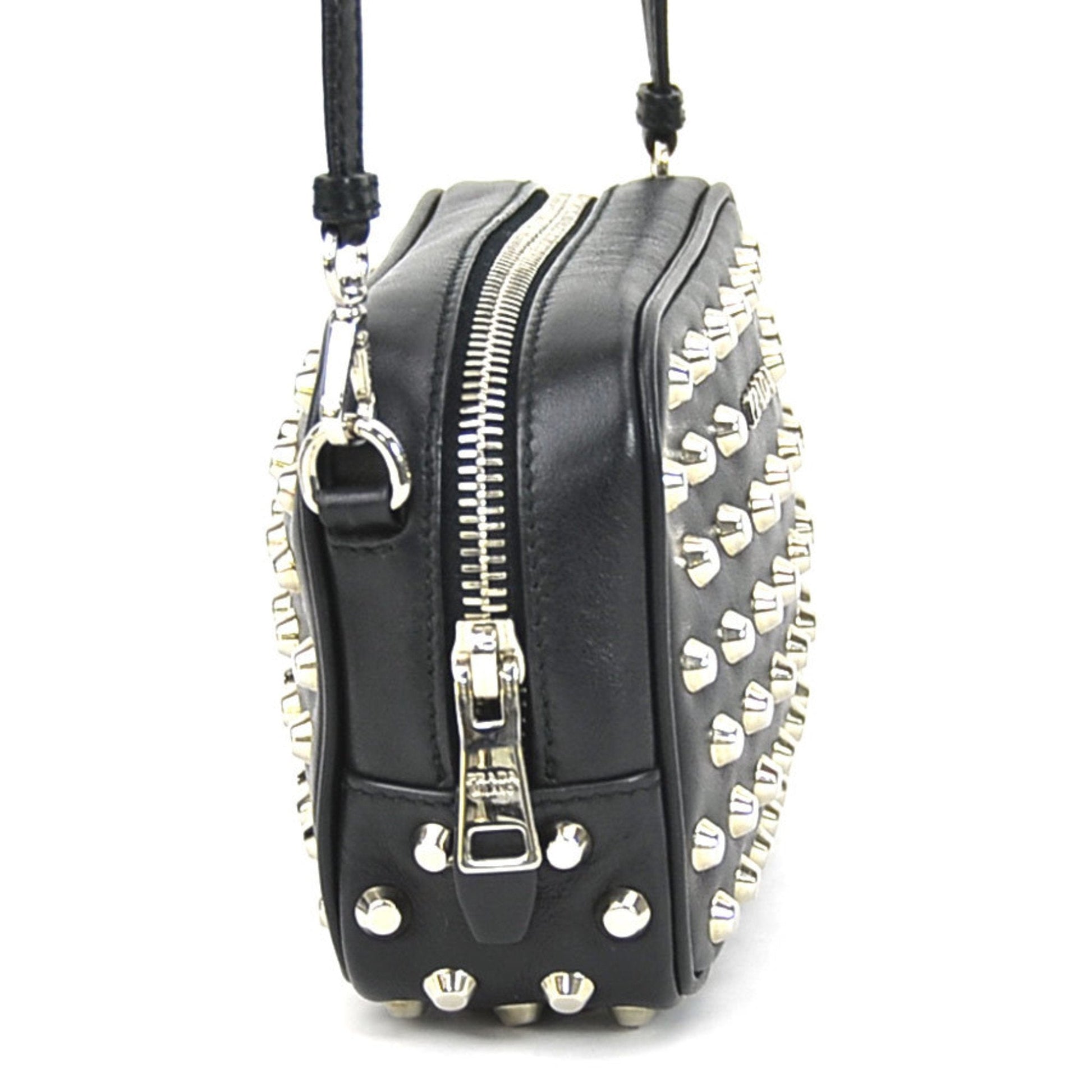 Prada Crossbody Shoulder Bag Studded Unisex Leather Metal Black