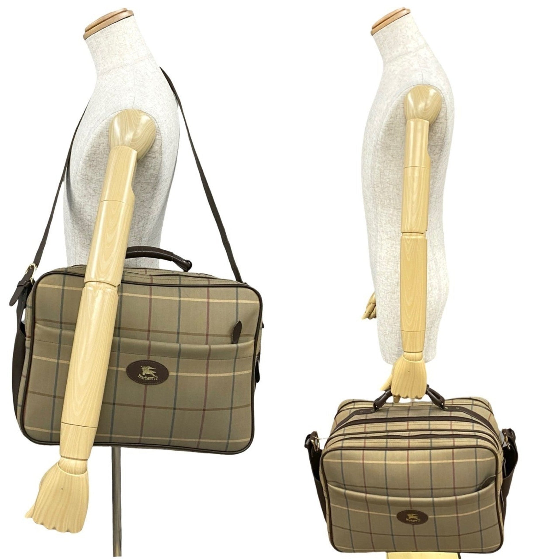 Burberry Khaki Boston Bag Shoulder Bag Leather Canvas Brown
