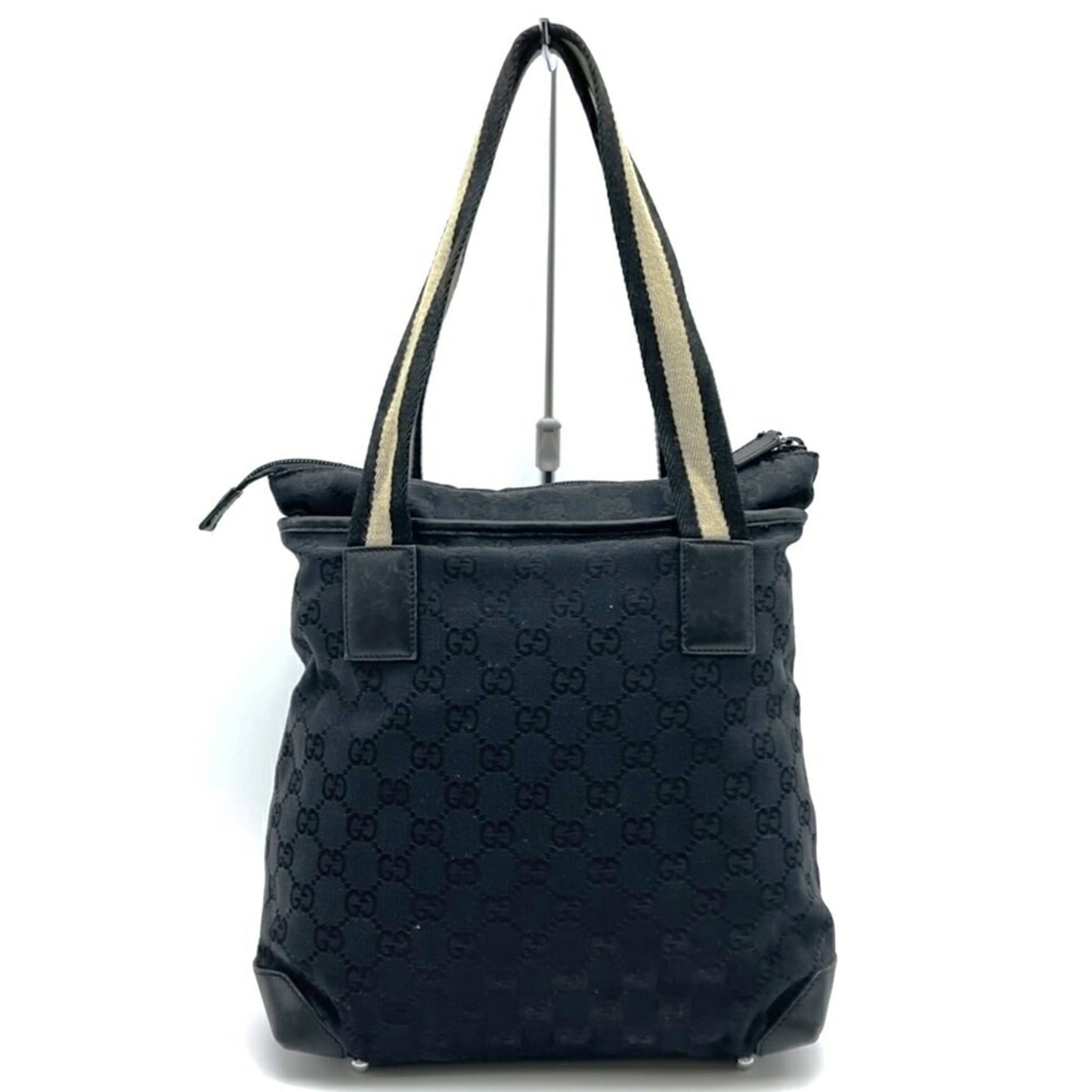 Gucci Black Gg Canvas Leather Tote Bag