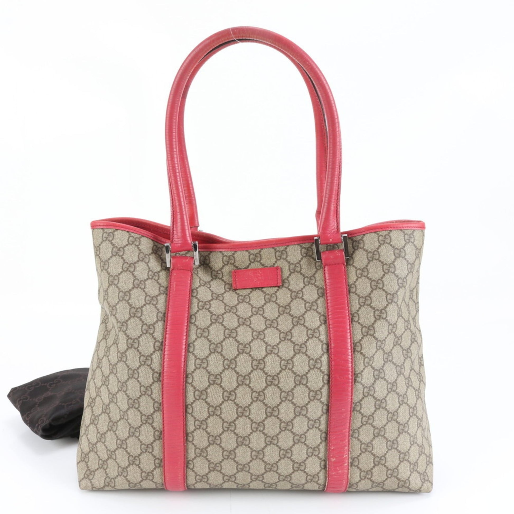 Gucci Brown Red Color Leather Coated Canvas Tote Bag
