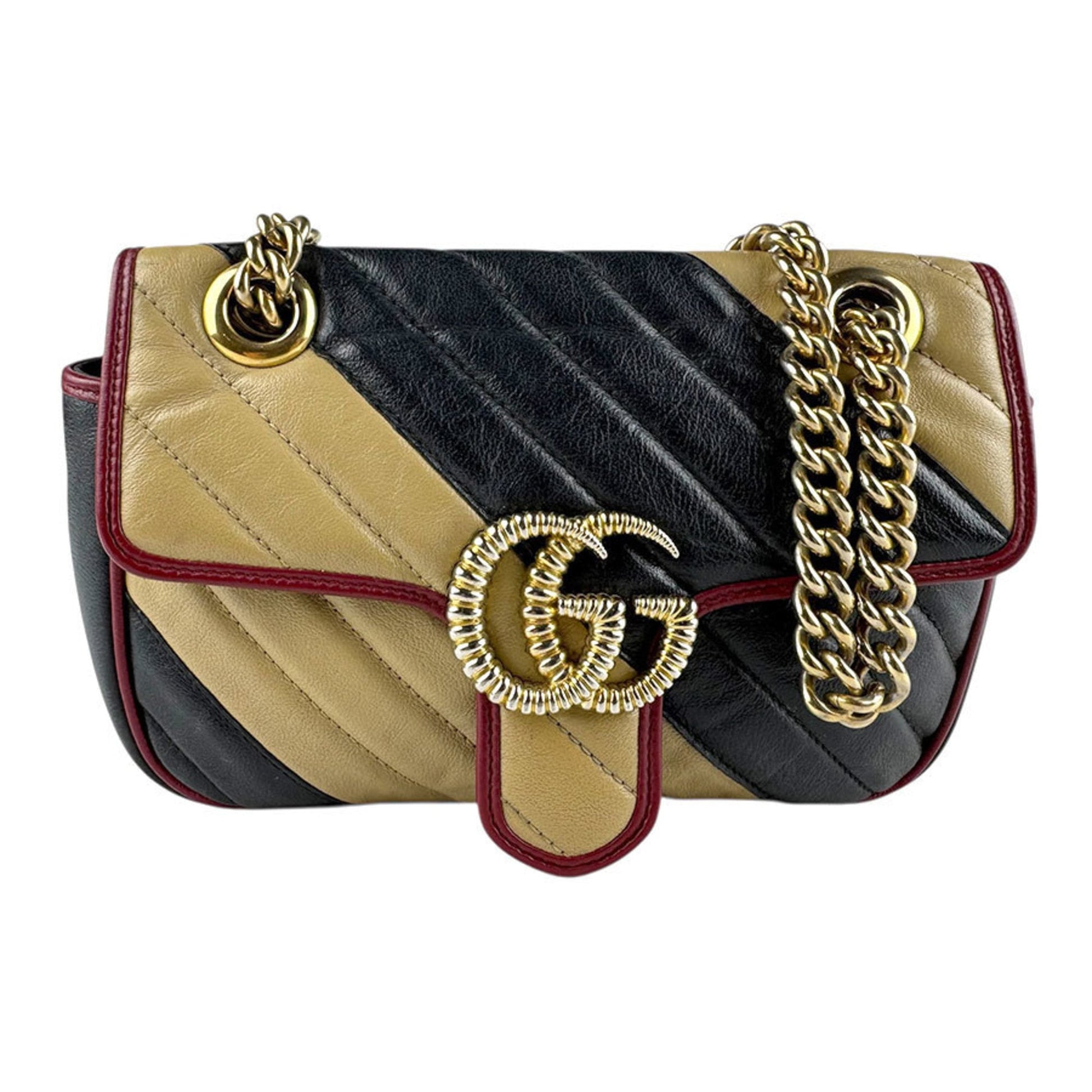 Gucci Beige Black Gold Leather Metal Shoulder Bag