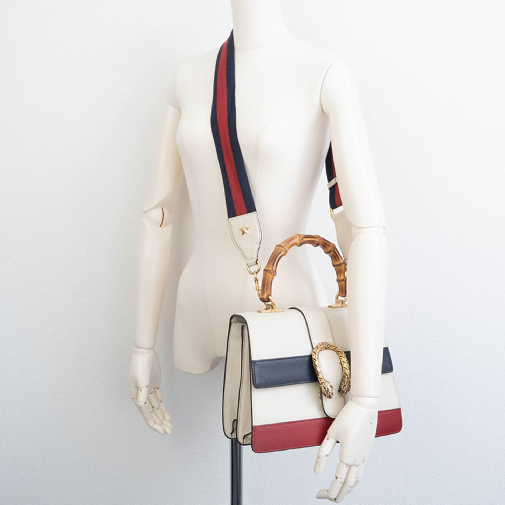 Gucci Ivory Navy Red Color Bamboo Leather Shoulder Bag