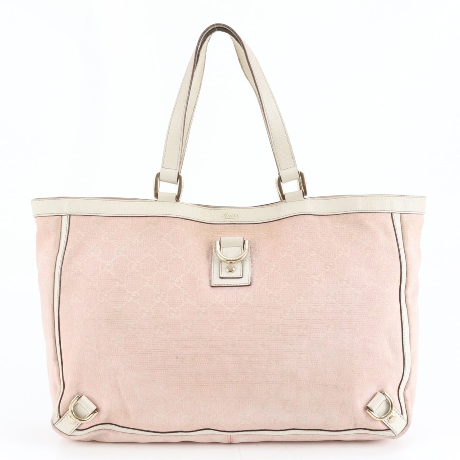Gucci Pink Beige Leather Canvas Tote Bag