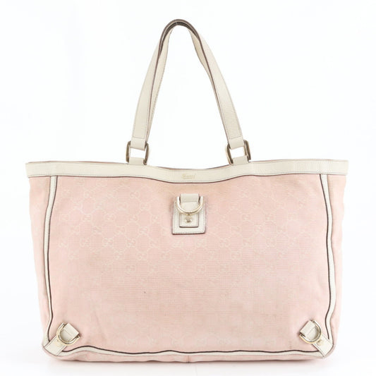 Gucci Pink Beige Leather Canvas Tote Bag