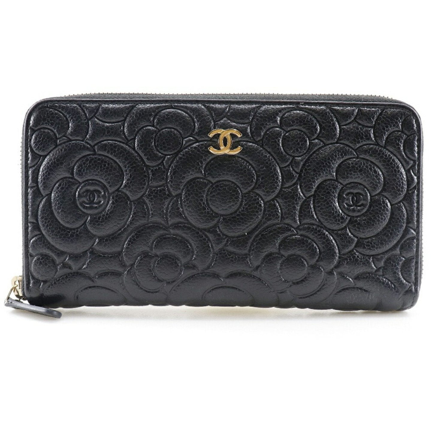 CHANEL Camellia Emboss Cocomark A82281 Matte Caviar Skin Black Women's Long Wallet