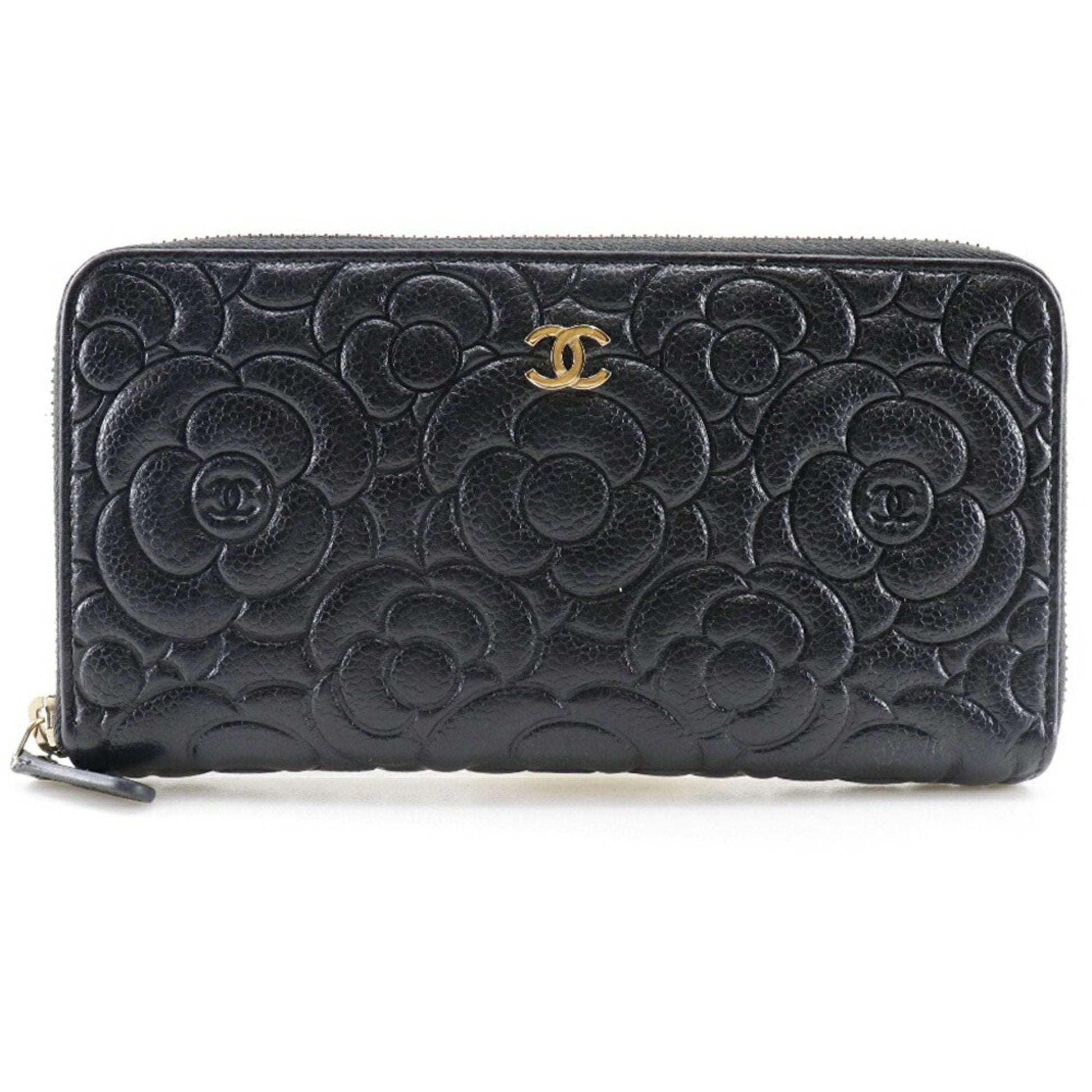 CHANEL Camellia Emboss Cocomark A82281 Matte Caviar Skin Black Women's Long Wallet