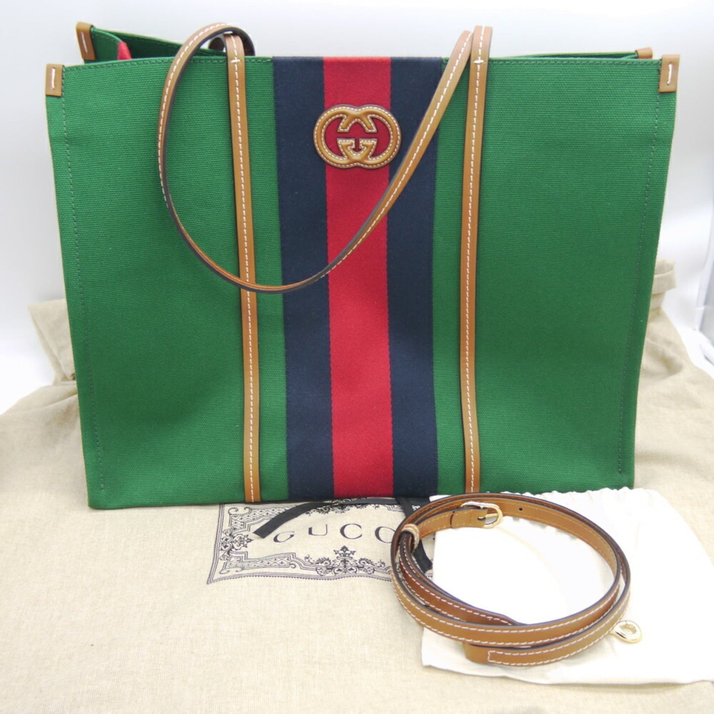 Gucci Green Canvas Leather Shoulder Bag Tote Bag