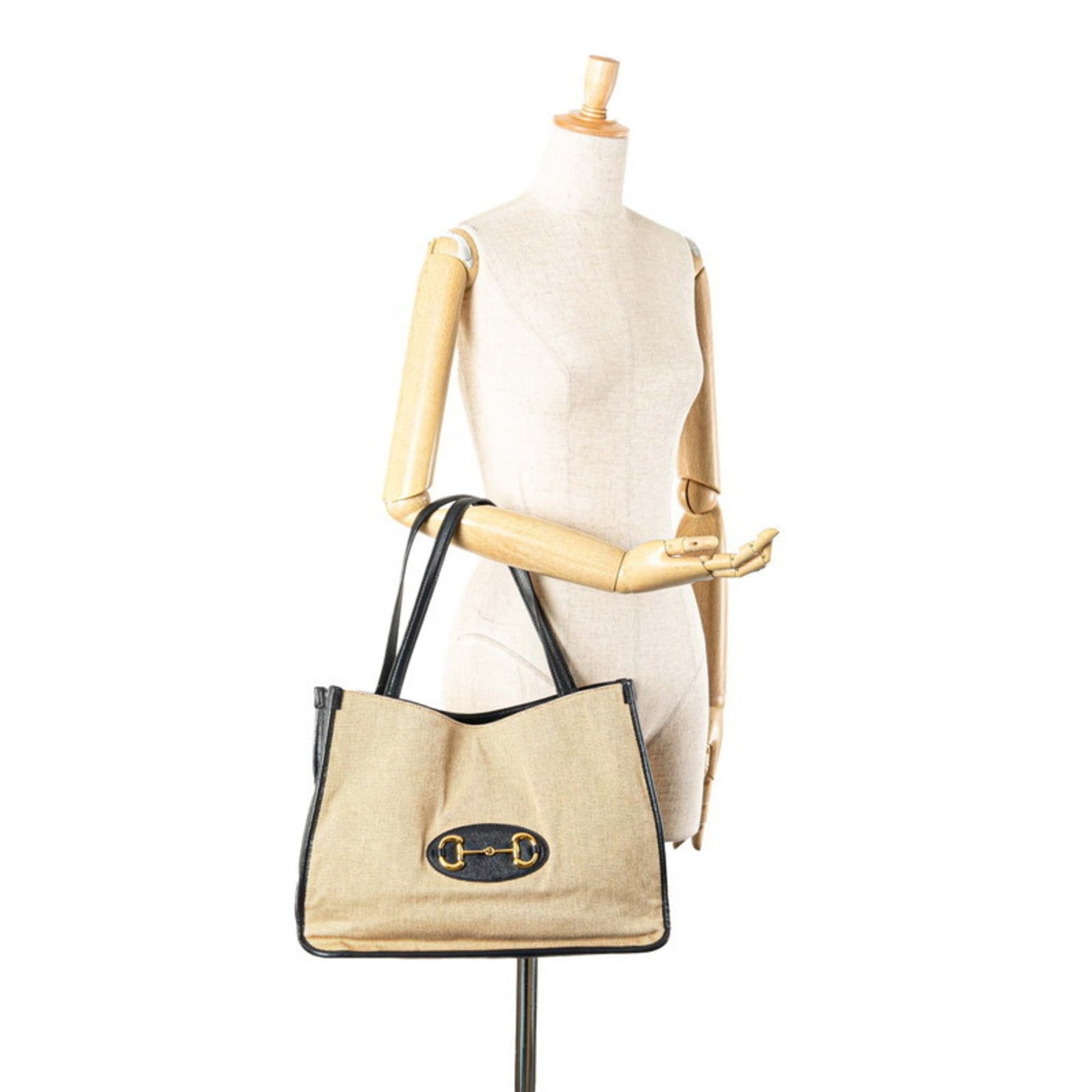 Gucci Beige Navy Canvas Leather Shoulder Bag Tote Bag