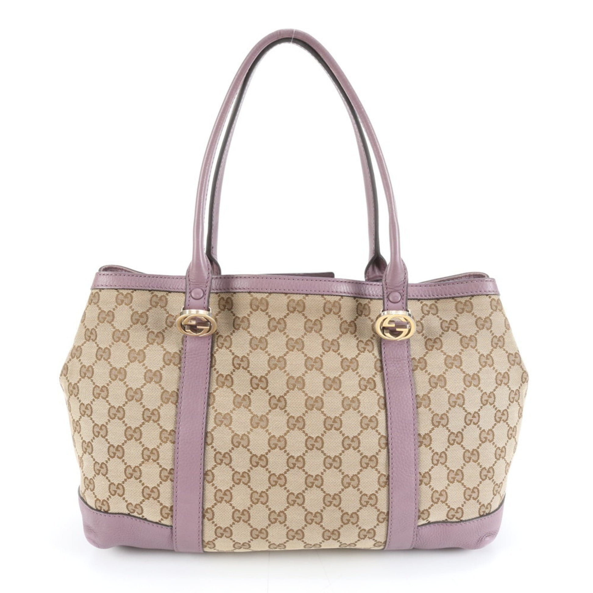 Gucci Brown Purple Leather Canvas Tote Bag