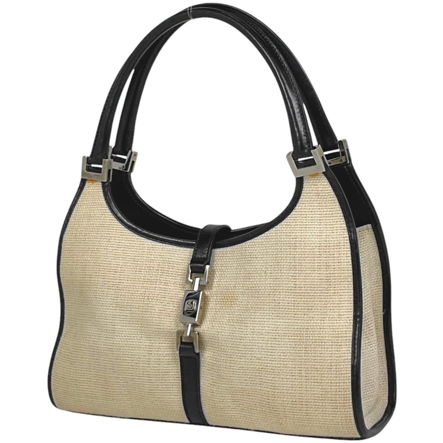 Gucci Black Ivory Fabric Leather Handbag Shoulder Bag