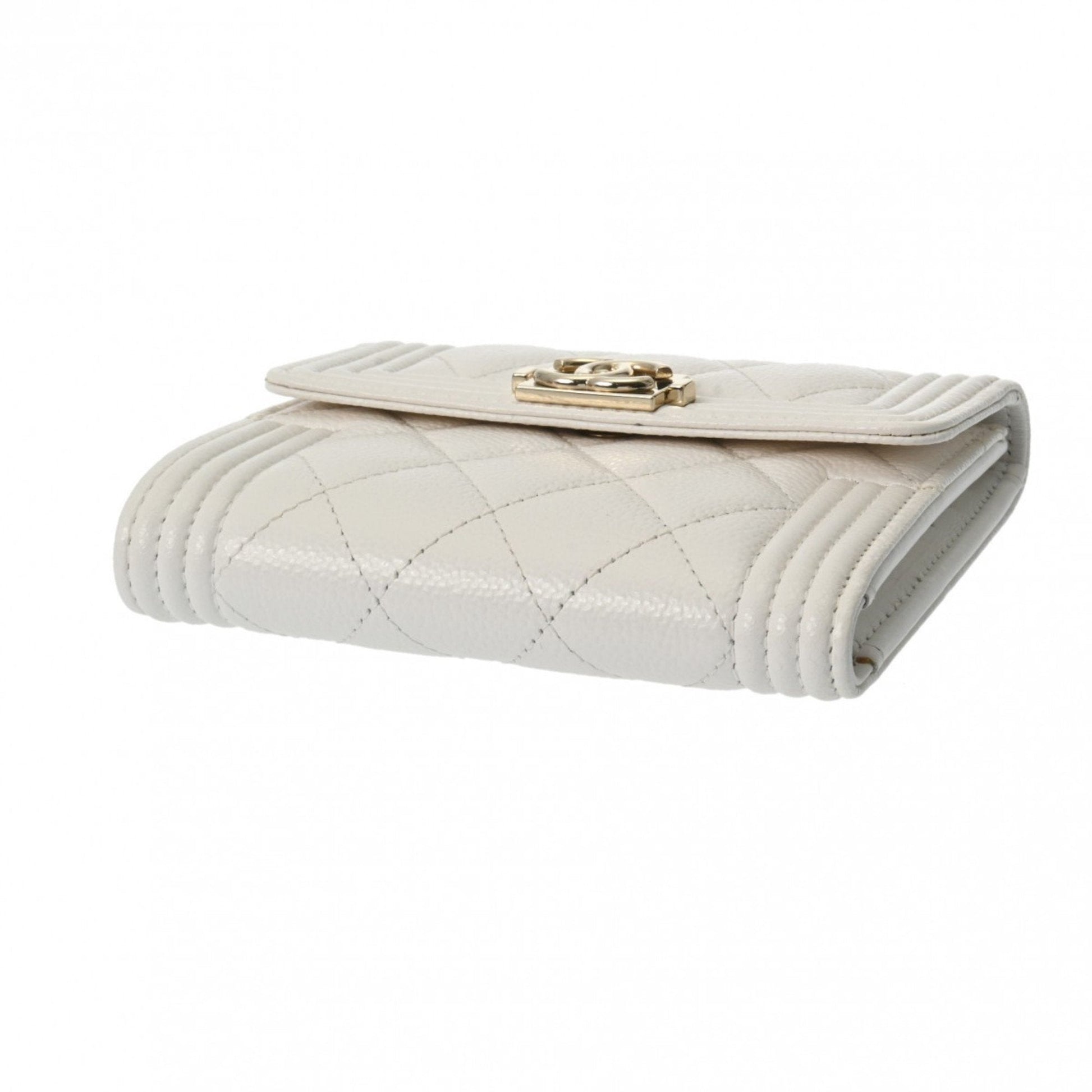CHANEL Boy Chanel Compact Wallet White Women's Caviar Skin Tri-fold