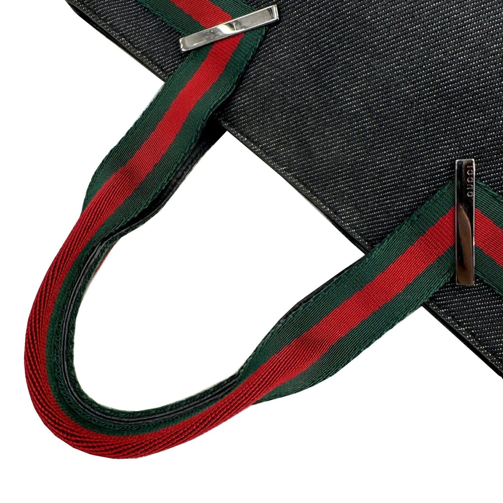 Gucci Sherry Line Black Denim Leather Handbag Tote Bag