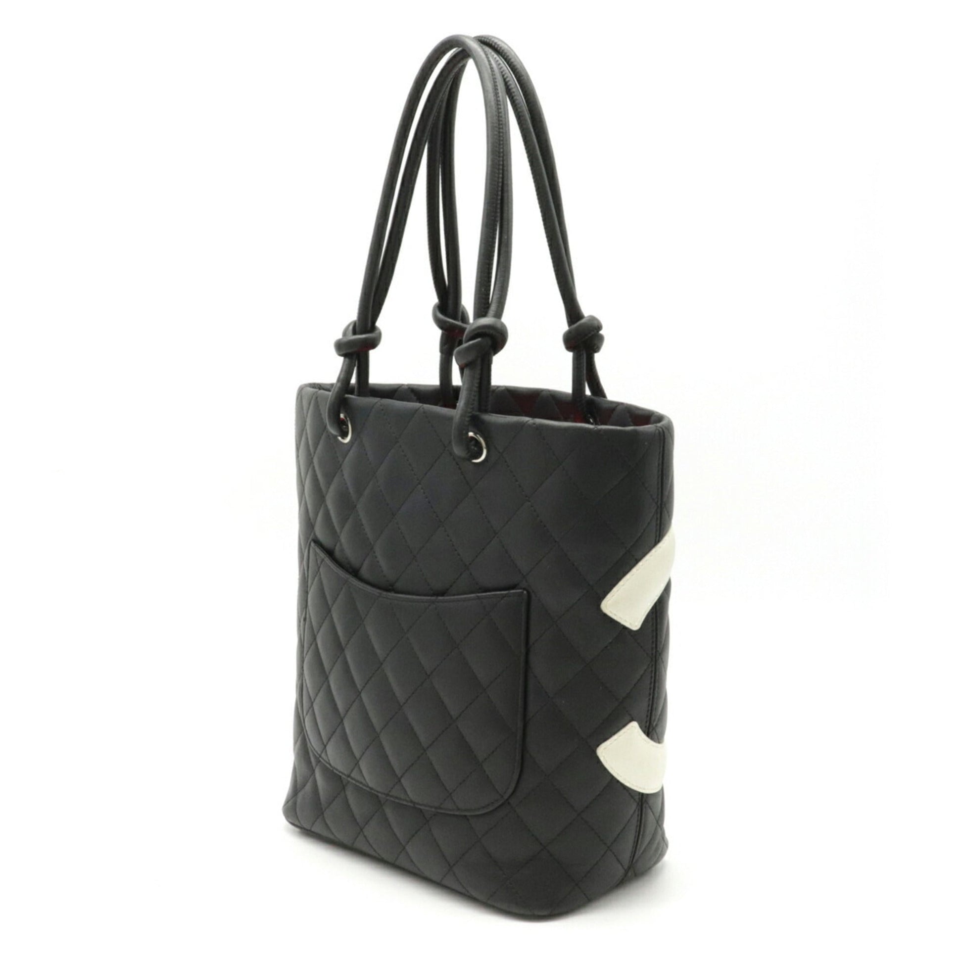 Chanel Cambon Line Coco Mark Medium Tote Bag Shoulder Soft Calf Black White A25167