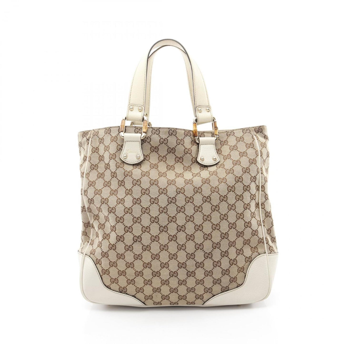 Gucci Beige White Canvas Leather Tote Bag